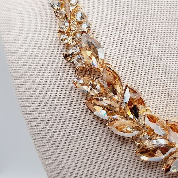 Gold Tone Crystal Rhinestone Statement Necklace, 19", Faceted Marquise Stones - Picture 5 of 10